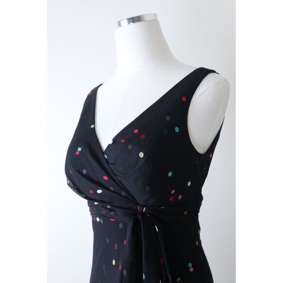 Vintage 1990s Anne Klein Size 4 Silk Dotted Faux Wrap Midi Dress Black Chiffon - Picture 5 of 12